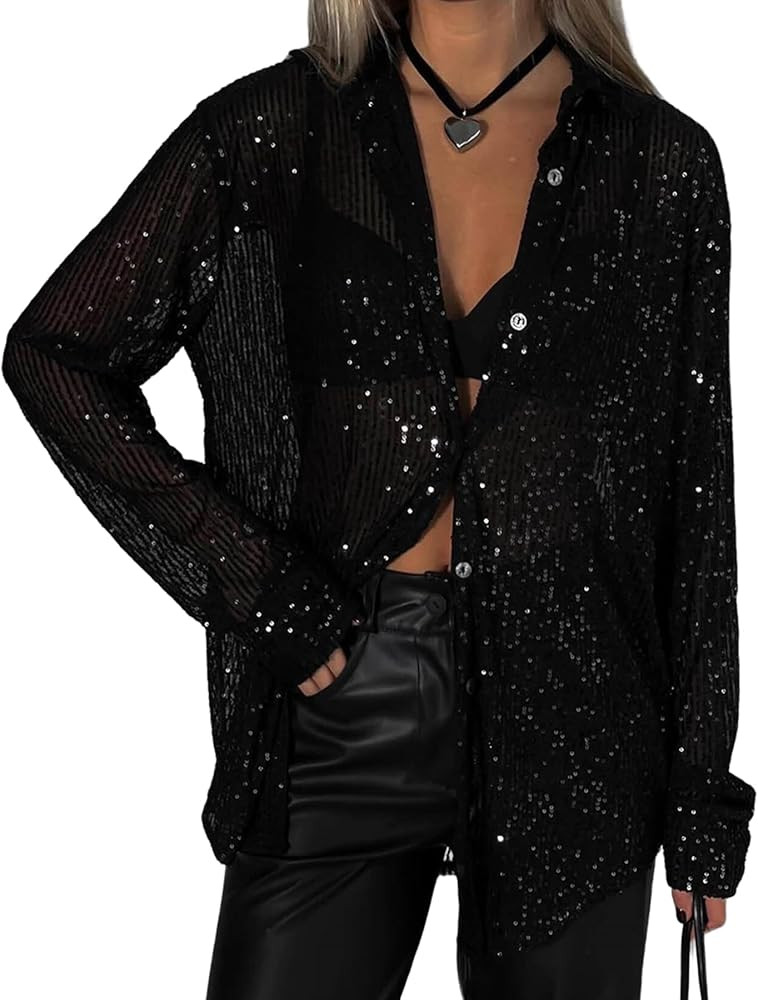 Womens Sequins Long Sleeve Collared Shirt Button Down Open Front Shirt Loose Blouses Shirts Tops | Amazon (US)
