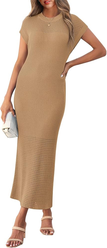 Yousify Womens Ribbed Knit Dress 2025 Trendy Casual Cap Sleeve Crewneck Maxi Dresses S-XXL | Amazon (US)