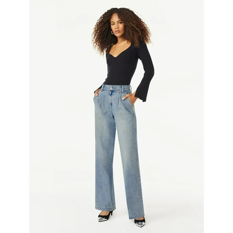 Scoop Women's Wide Leg High Rise Pleated Jeans, Sizes 0-18 | Walmart (US)