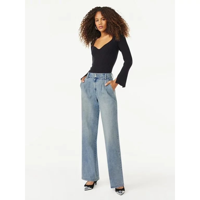 Scoop Women's Wide Leg High Rise Pleated Jeans, Sizes 0-18 | Walmart (US)