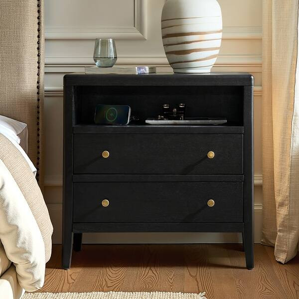 Andrea Modern 2-Drawer Solid Wood Nightstand with Built-in Power Outlet and USB Port by HULALA HO... | Bed Bath & Beyond