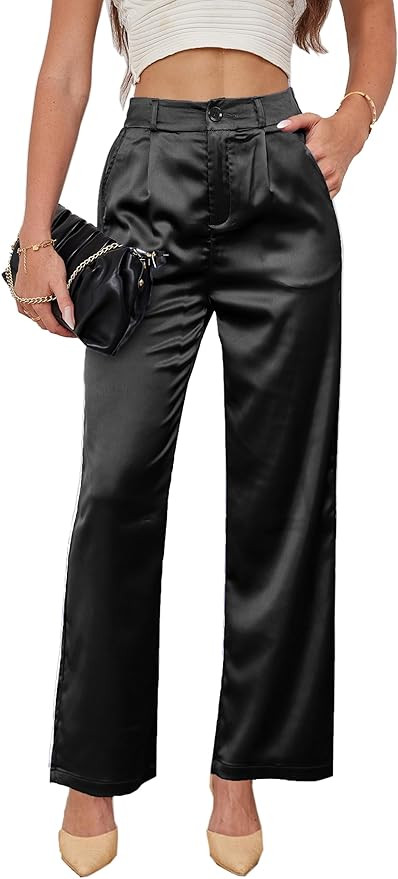 Women's Wide Leg Satin Silky Casual Dress Cocktail Party High Waist Pants | Amazon (US)