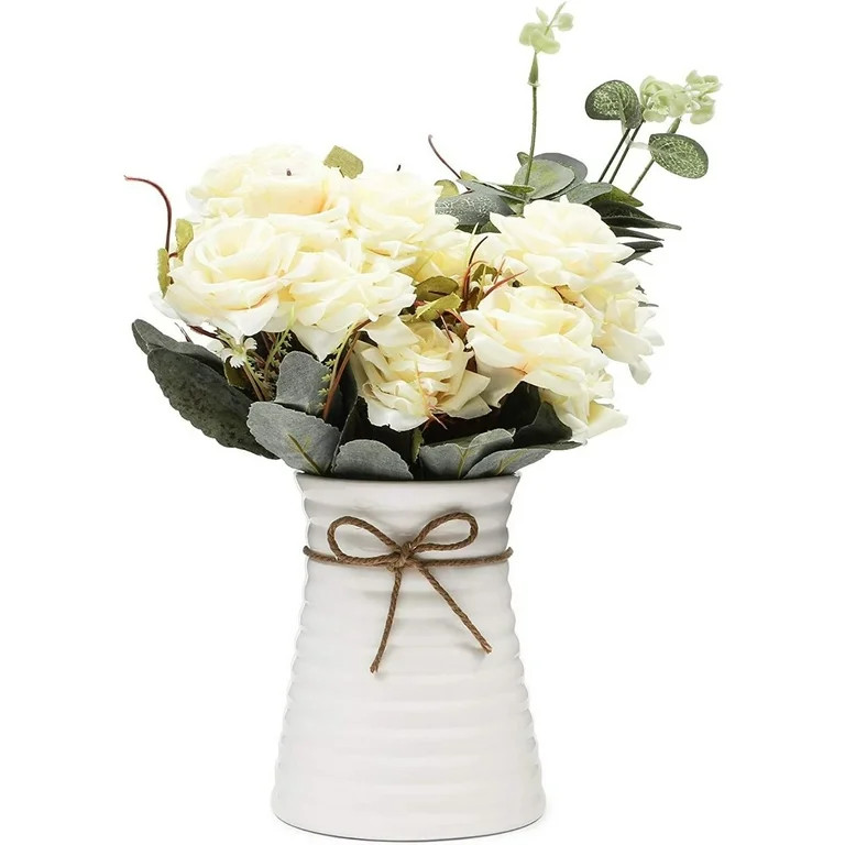4-Piece Set Artificial White Roses Fake Flowers Plants with Ceramic Vase | Walmart (US)