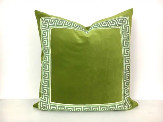 Green Pillow Cover with Greek Key Trim - Lime Green Velvet Pillow Cover | Etsy (US)