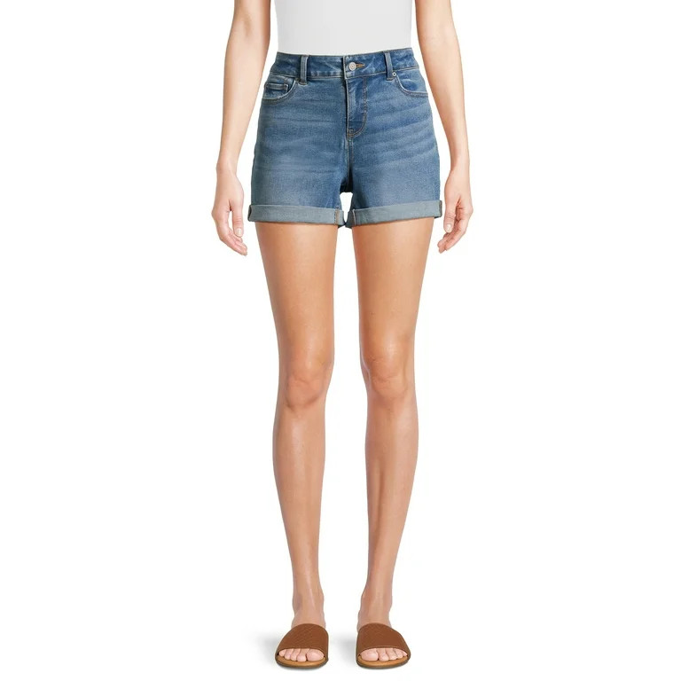 Time and Tru Women's Mid-Rise Double Roll Denim Shorts, 4" Inseam, Sizes 4-18 | Walmart (US)