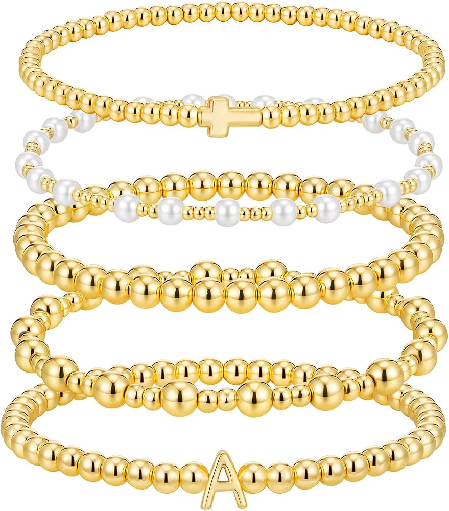 5PCS Gold Bracelets for Women, 14K Gold Plated Cross Initial Bracelet Stack Set Waterproof Non Ta... | Amazon (US)