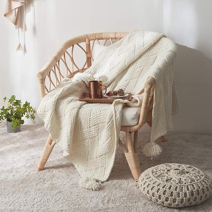 MH MYLUNE HOME Knit Throw Blanket Soft and Fluffy Chenille Boho Blanket (51x63 inch, Cream) | Amazon (US)