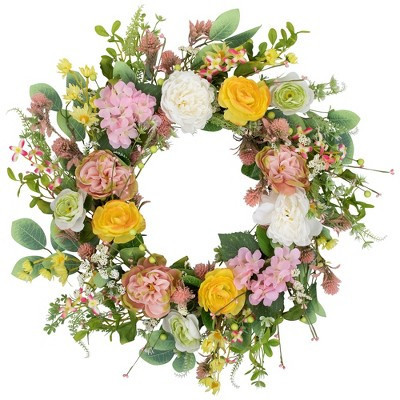 Northlight Rose and Hydrangea Floral Spring Wreath - 26" - Pink and Yellow | Target