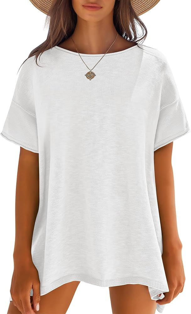 Caracilia Women Summer Lightweight Sweater Top Oversized Short Sleeve Drop Shoulder Seams Outside... | Amazon (US)