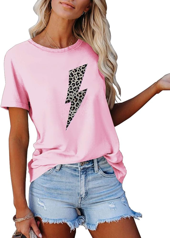 APOFER Women's Casual Short Sleeve Shirts Leopard Lip Print T-Shirts Crew Neck Basic Summer Tops | Amazon (US)
