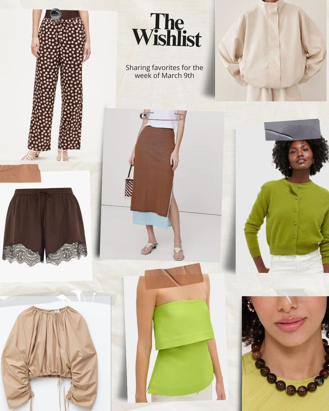 sharing a wishlist of items this week, and the theme is brown and green or chartreuse. 

brown and green. satin shorts. tan tops. strapless top. brown beaded necklace. linen pants. funnel neck.  

 @ALIGNE @Madewell @jcrew @DISSH @Tuckernuck 

#LTKSaleAlert #LTKSpringSale #LTKSeasonal