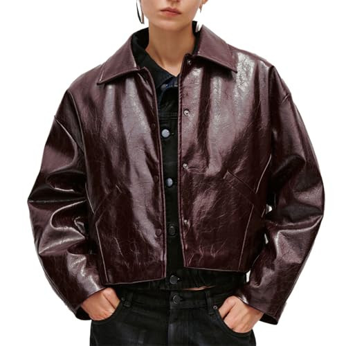 URBAN REVIVO Oversized Faux Leather Jacket for Women Lapel Motorcycle Style with Burgundy Buttons, Windproof Fall Winter Coats Medium | Amazon (US)