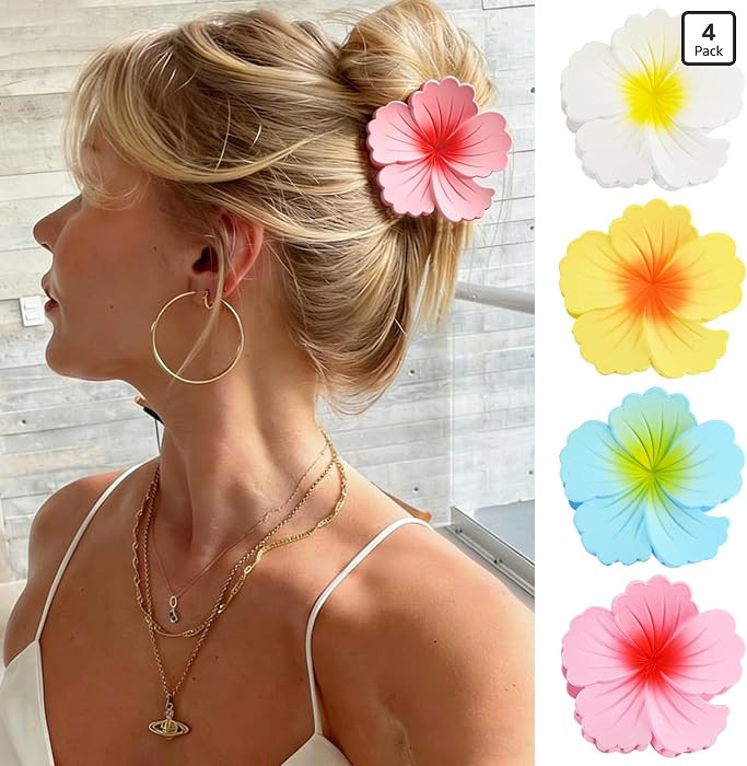 4 Pcs Hawaiian Flower Hair Claw Clips for Women\uff0cFrosted Hibiscus Hair Claw Clips\uff0cStrong... | Amazon (US)
