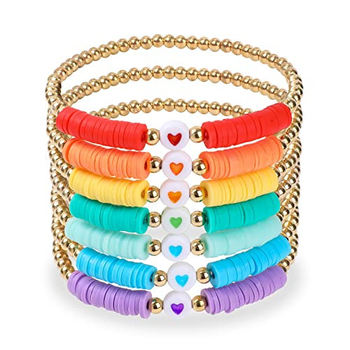 Rainbow Beaded Bracelets for Women Stackable Heishi Surfer Bracelets Set Heart Beads Colorful Clay Stretch Bracelets Layering Friendship Bracelets Summer Beach Boho Jewelry Cheer Gift Bulk for Women | Amazon (US)