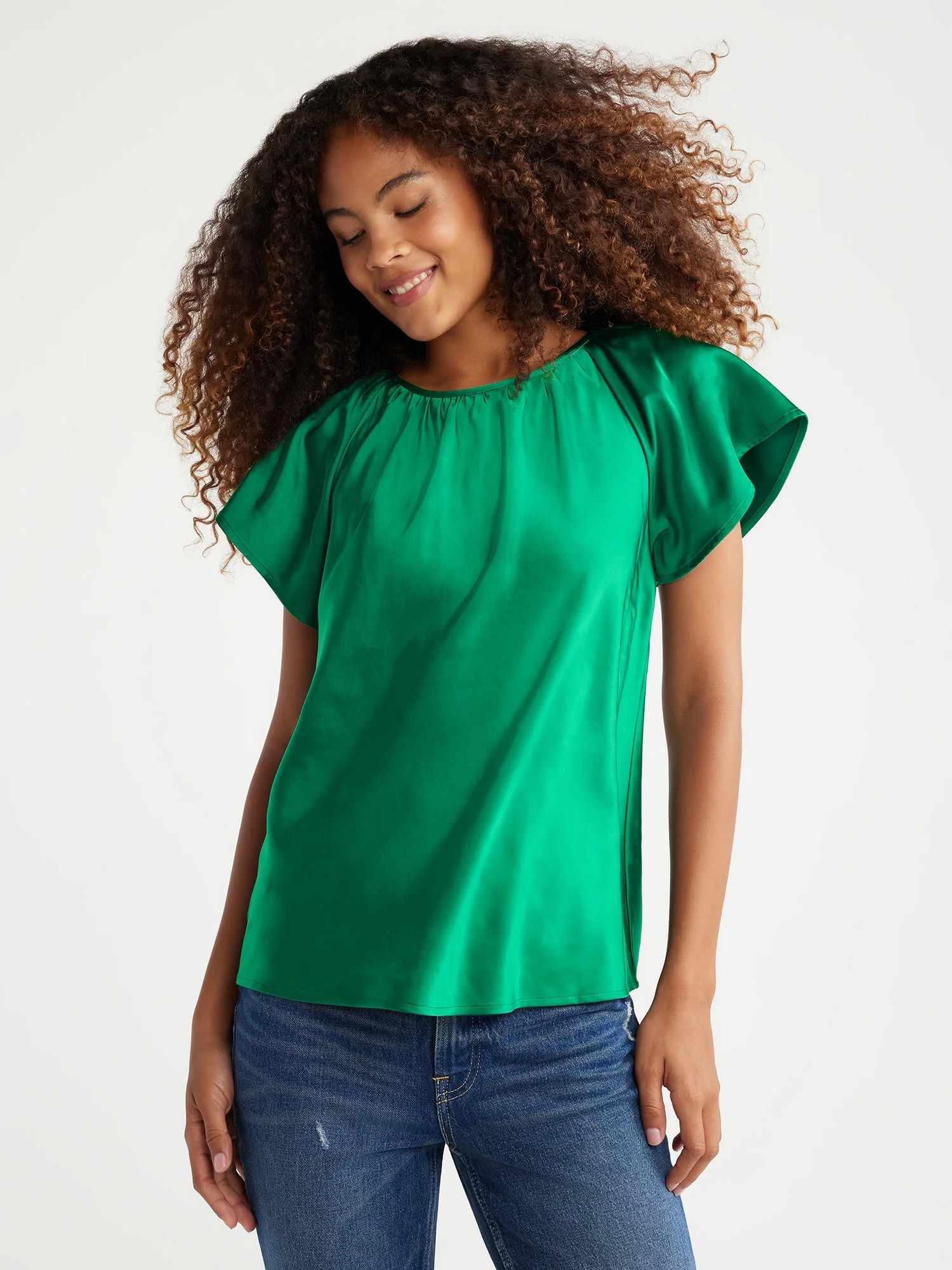 Free Assembly Women's Satin Flutter Sleeve Top, Sizes XS-XXXL - Walmart.com | Walmart (US)