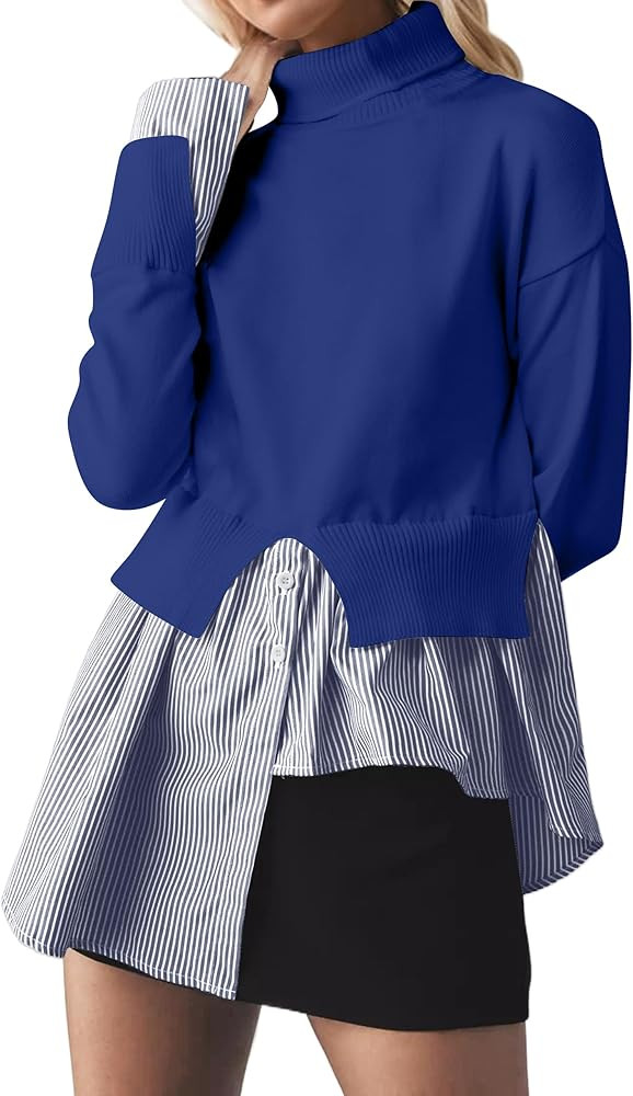 MISSACTIVER Women Slit Turtleneck Patchwork Sweater 2 in 1 Buttons Down Pullover Knit Sweater Asy... | Amazon (US)