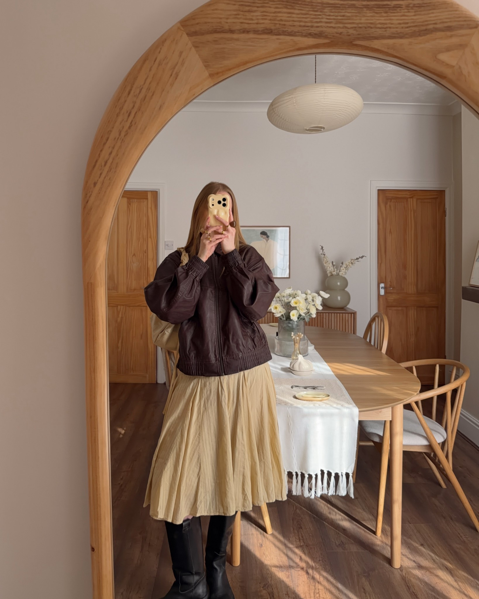 Bomber Jacket, Leather Jacket, UO, Urban Outfitters, Midi Skirt, Butter Yellow, Alohas, Knee High Boots, Spring Style 

#LTKspring #LTKuk #LTKeurope