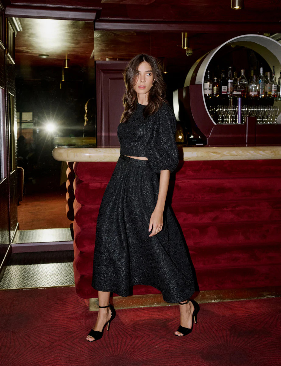 Black Floral Jaquard Puff Sleeve Top | Nobody's Child