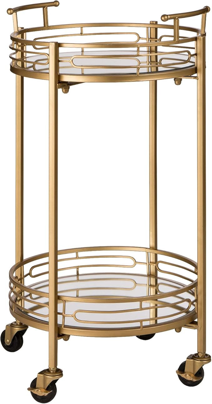 Glitzhome 29.5" H Round Gold Bar Cart with 4 Wheels 2-Tier Deluxe Tray Metal Mirrored Glass Top R... | Amazon (US)
