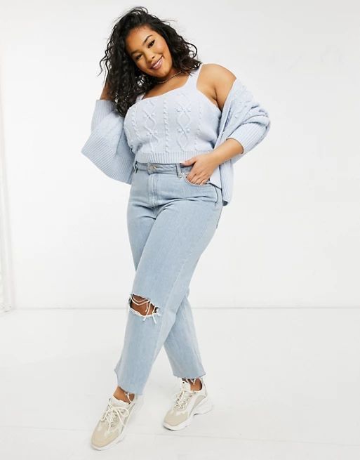 River Island Plus cable knit cardigan and bralet set in blue | ASOS (Global)