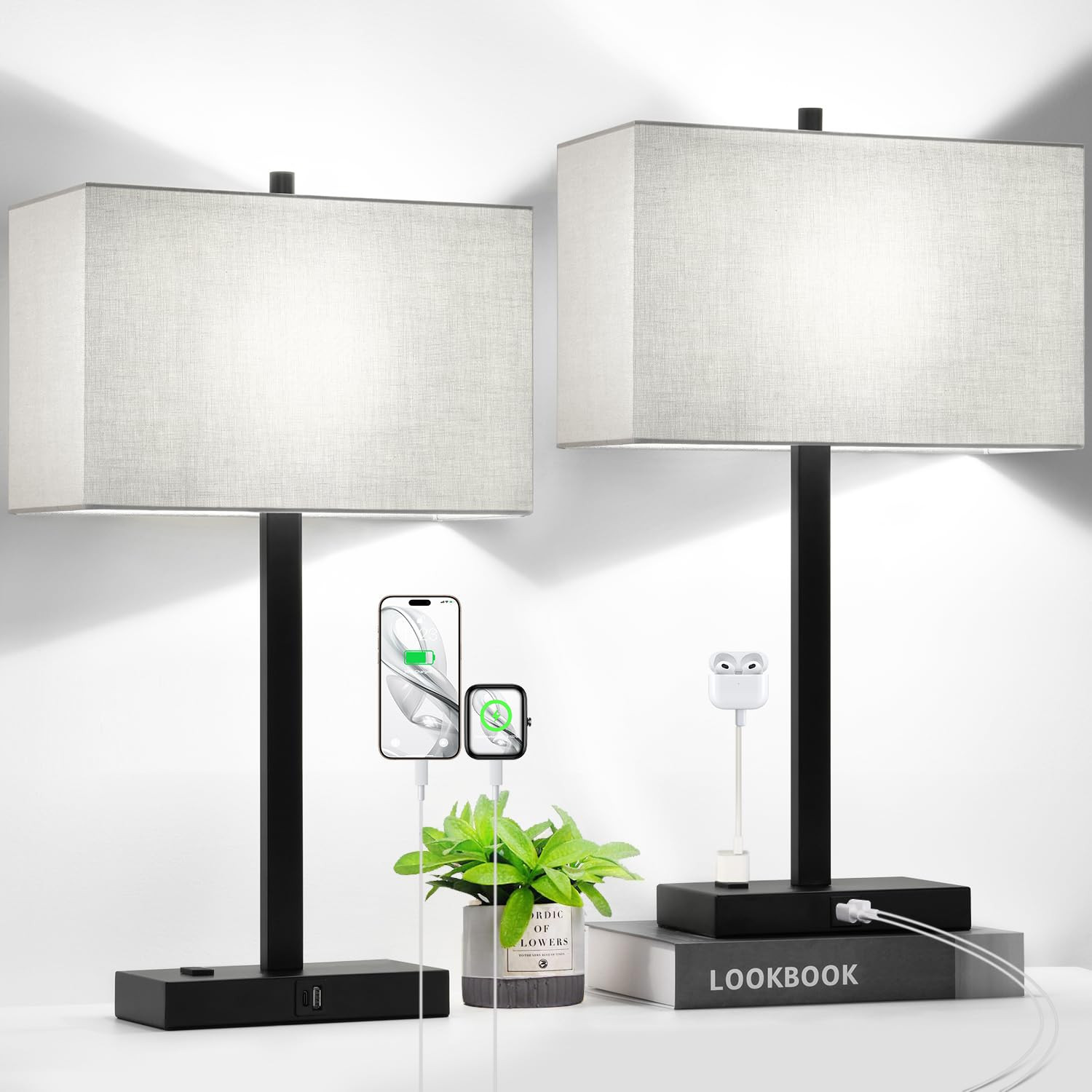 21" Set of 2 Touch Control Table Lamps with 2 USB & AC Outlets, 3-Way Dimmable Modern Nightstand ... | Amazon (US)