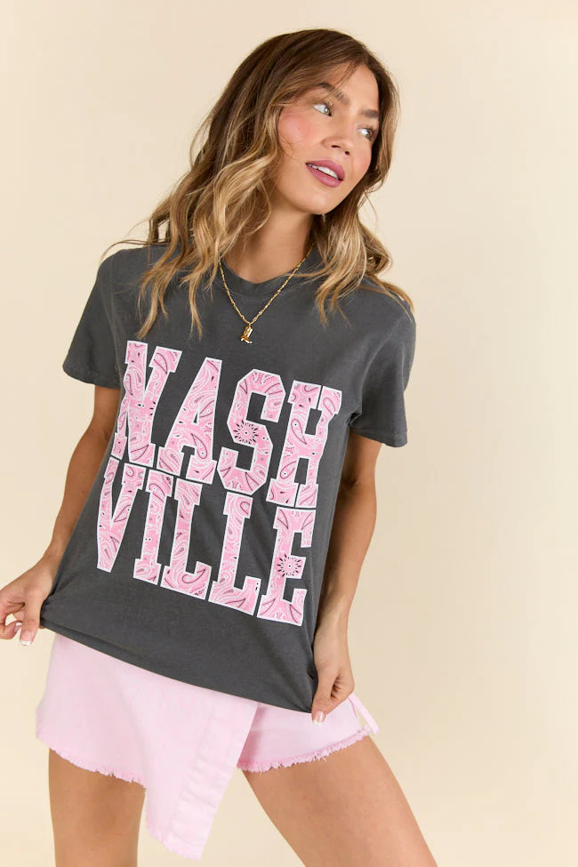 Nashville Block Bandana Printed Dark Grey Graphic Tee | Pink Lily