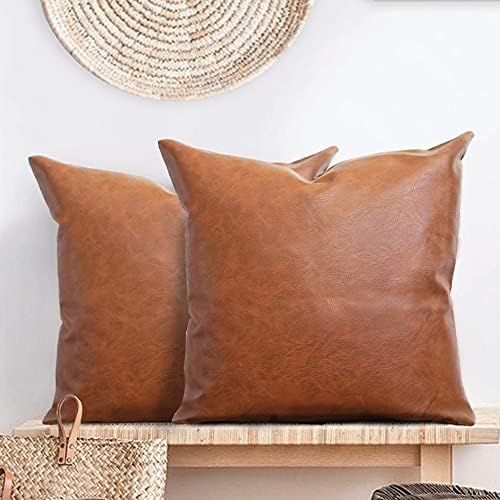 Faux Leather Pillow Cover (Set of 2, 20 x 20”) Brown Throw Pillow Case - Modern Boho Farmhouse ... | Amazon (US)
