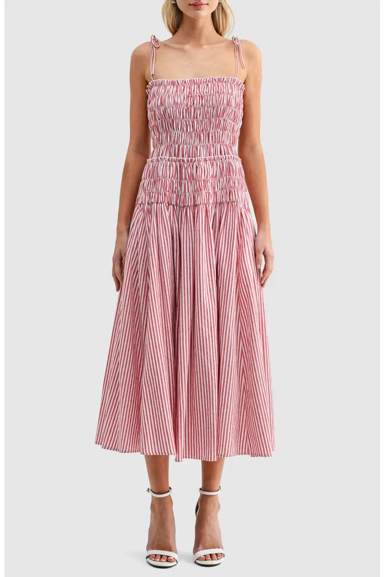 Stripe Smocked Bodice Jersey Midi Dress (Women) | Nordstrom | Nordstrom