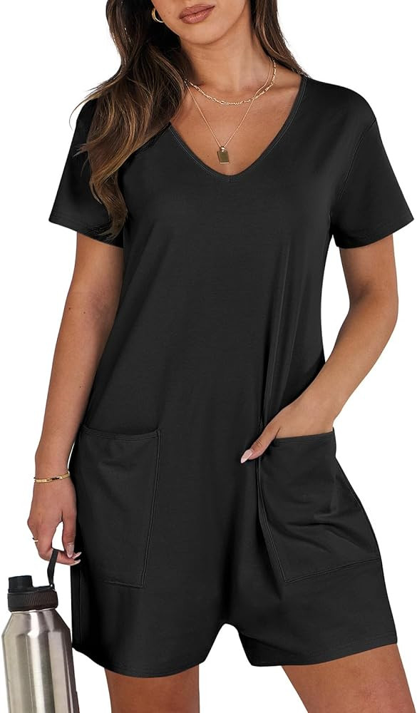 ANRABESS Women's Summer Casual Rompers Short Sleeve V Neck Loose Fit Jumpsuit 2024 Trendy One Pie... | Amazon (US)