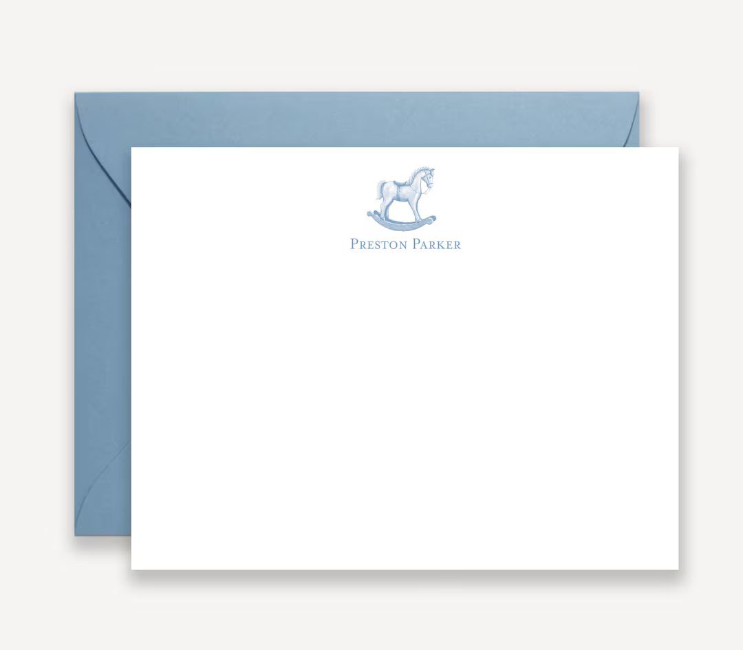 Rocking Horse Baby Boy Stationary, Personalized, Baby Shower Blue Rocking Horse Baby Note Cards, ... | Etsy (US)