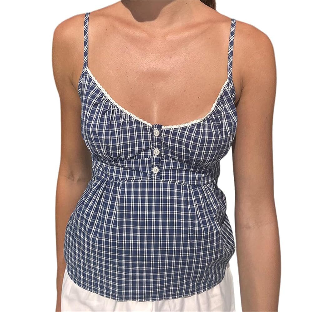 Women Summer Sleeveless Cami Top Y2k Vest Cute Camisole Plaid Going Out Shirt Button Down Tank To... | Amazon (US)