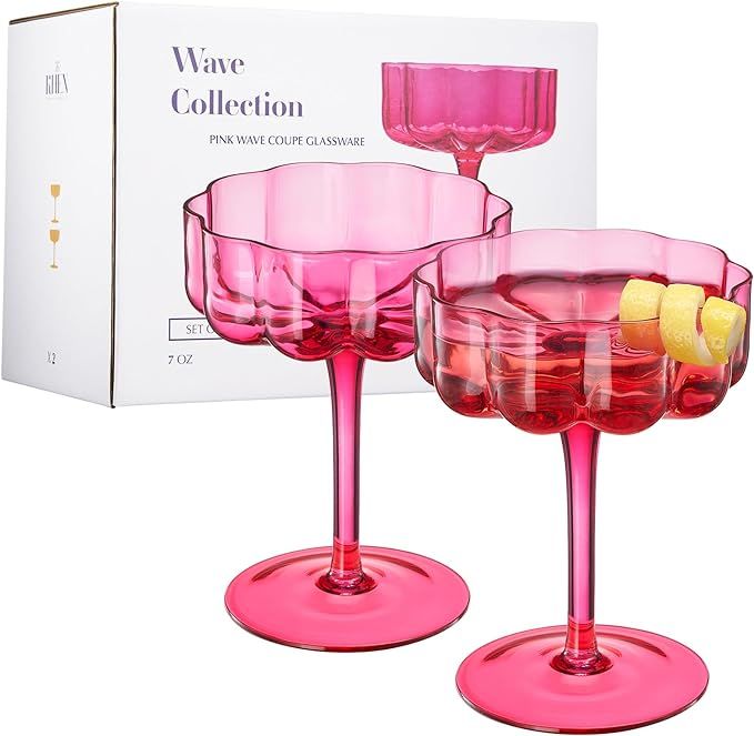 Hot Pink Flower Wave Vintage Art Deco Coupe for Champagne, Martini, Cocktails | 2 Set | Bright 7 ... | Amazon (US)