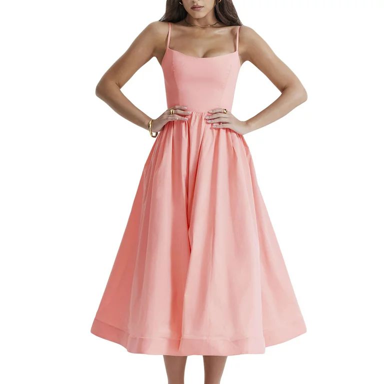 Nituyy Women's Summer Midi Dress Solid Color Sleeveless Backless Party Dress Spaghetti Strap Beac... | Walmart (US)