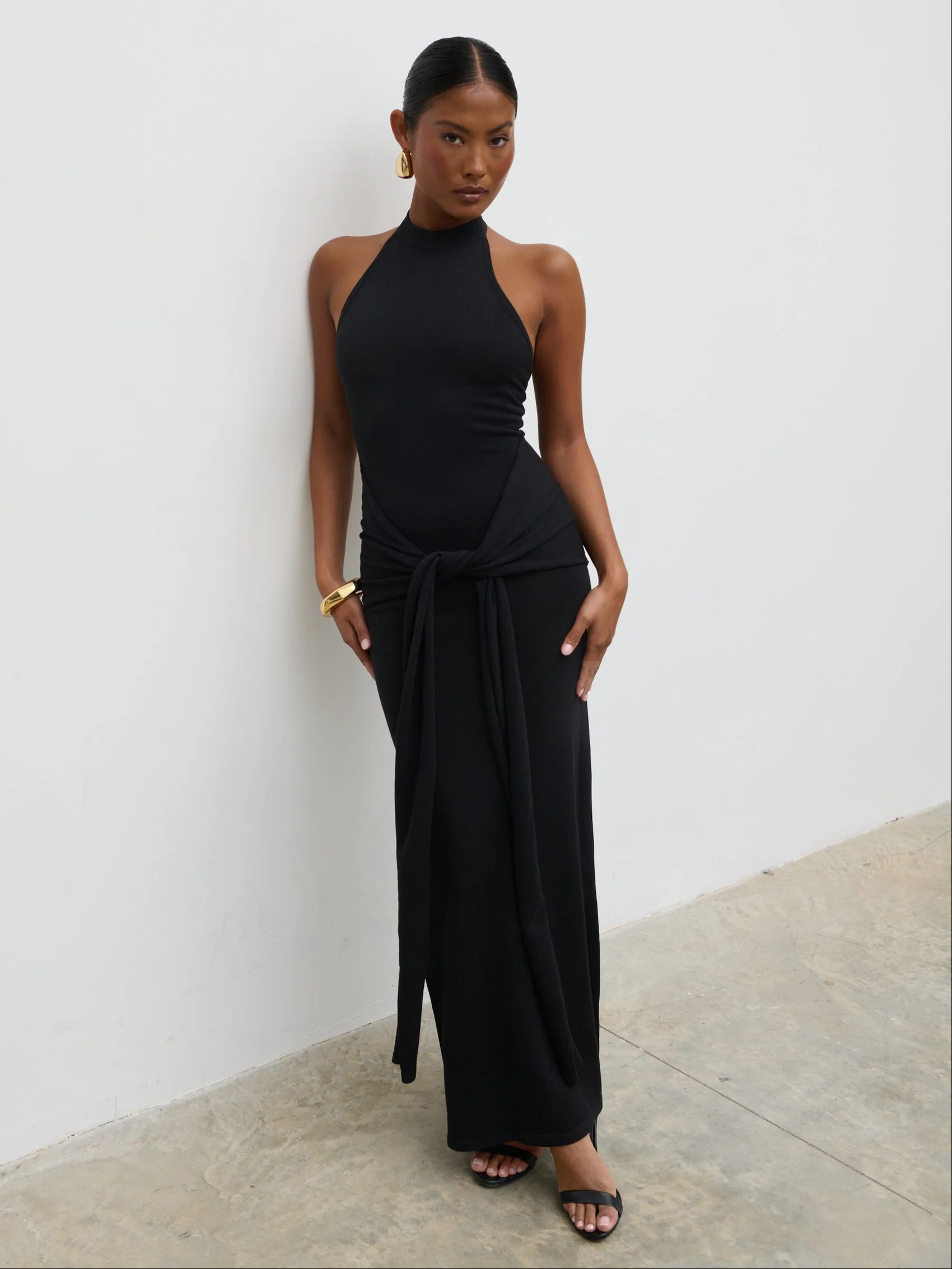 Bernelle Halterneck Tie Waist Knit Midaxi Dress - Black | Pretty Lavish (UK)