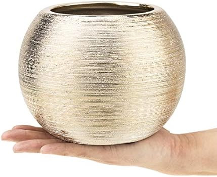MyGift 7-Inch Round Modern Metallic Gold-Tone Ridged Ceramic Plant Flower Planter Pot, Decorative Bo | Amazon (US)