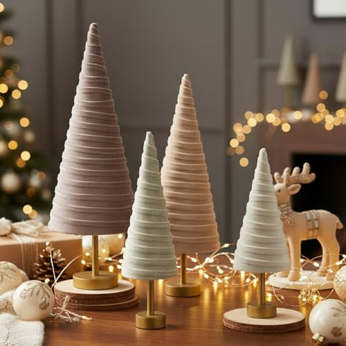 Hoolerry 4 Pcs Christmas Velvet Trees with Gold Pedestal Modern Rustic Christmas Velvet Cone Trees Minimalist for Mantel Table Centerpiece Entryway Home Winter Holiday Wedding Decor(Nude Tone) | Amazon (US)