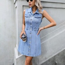 Flap Pocket Button Front Denim Dress | SHEIN