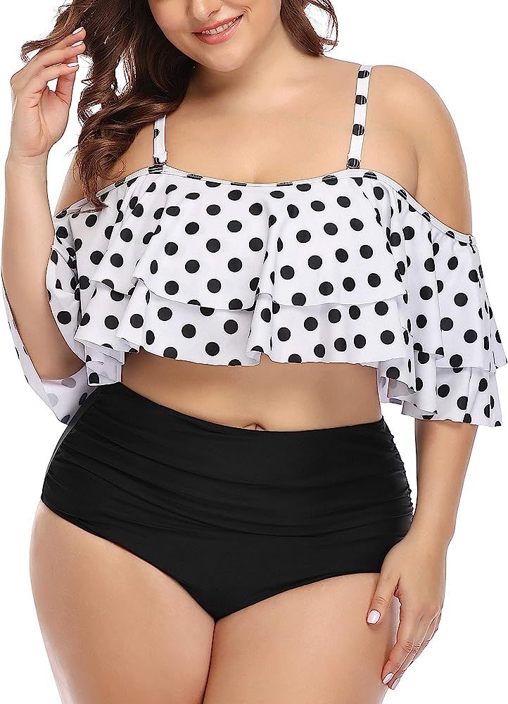 Women Plus Size Swimwear Ruffled Bikini Off Shoulder High Waist Swimsuit | Amazon (US)