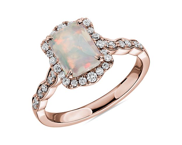 Emerald Cut Opal Ring with Diamond Halo in 14k Rose Gold | Blue Nile
