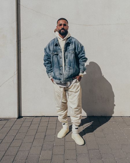 ESSENTIALS Denim Trucker Jacket (size M), Egg Shell hoodie (size M), and Egg Shell Track Pants (size M). FEAR OF GOD California slides in Cream (size 41) and socks in Cream. FEAR OF GOD x BARTON PERREIRA glasses. An elevated casual men’s look perfect for this upcoming Fall Season. 

#LTKstyletip #LTKmens #LTKSeasonal