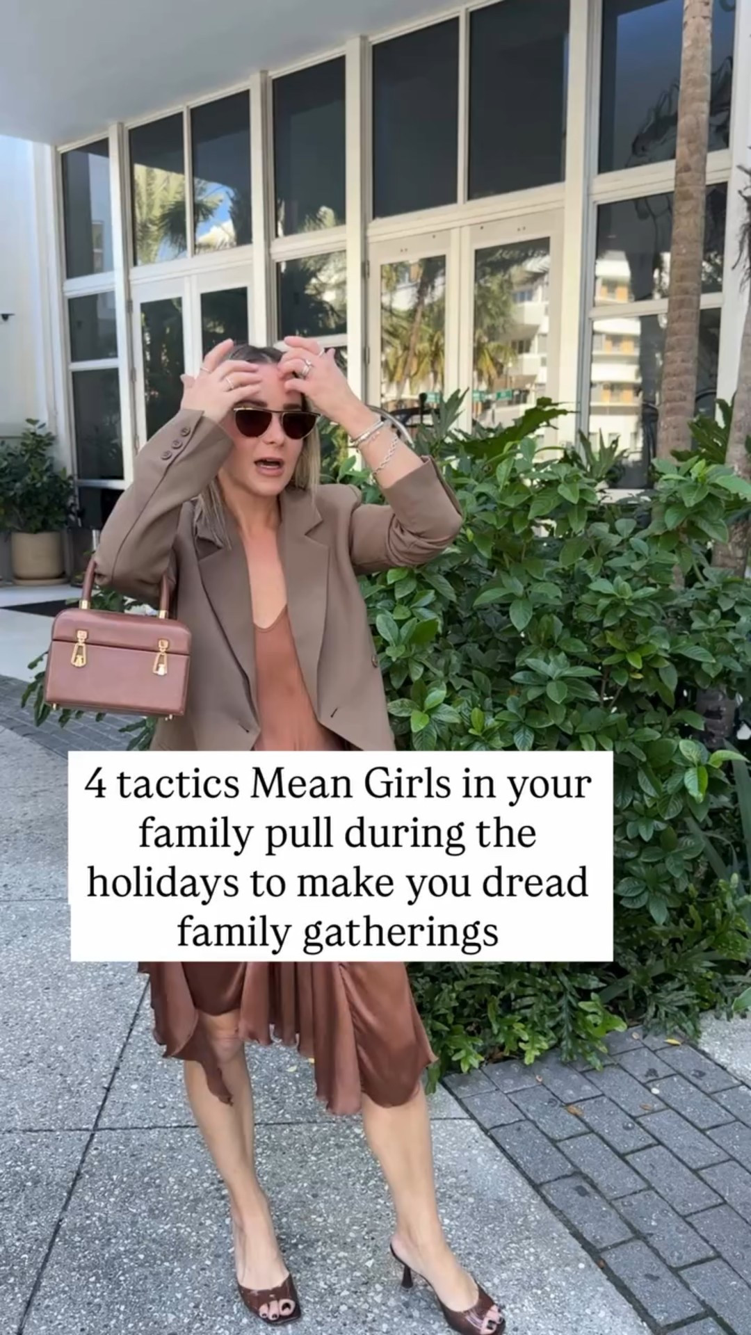 Comment Mean Girl for exact words & tips to use, so you can take back your power this holiday season instead of freezing up, all found inside my member’s area Assertive You.

And comment Bootcamp to join my Mean Girl Bootcamp when she’s in your family this Tuesday at noon. Can’t join? I’ll send you a link to rewatch it before Thanksgiving! 

Comment Outfit for links. 

As for the 4 tactics Mean girls in your family pull during the holidays to make you dread family gatherings 

She always brings the drama & somehow ruins the day even after you’ve been tiptoeing around her for hours. Because if there’s chaos, the whole day ends up revolving around her.

She talks about plans with the other sisters or sister in laws right in front of you (shopping dates, girls dinners), as if you were never an option. She does it so you know where you fit in the family pecking order.

She stirs the pot by giving each sibling a slightly different version of the same story, always starting with, “Don’t tell them I said this.”
So everyone walks in tense and confused, and no one knows why the room feels off, except her.

She loves tossing subtle digs your way, then watching your reaction like a hawk. And if you call it out, you get a “I’m just kidding.” Except she wasn’t.