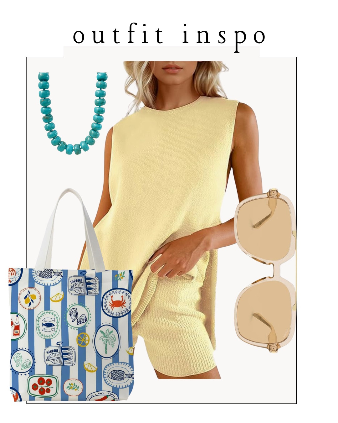 Summer ootd —Yellow 2 piece matching set, coastal beach tote bag, beaded necklace and sunglasses 





Amazon outfits, summer outfit inspo, outfit ideas, casual outfits amazon, amazon outfits every day, outfit ideas 2026, summer outfits

#LTKSaleAlert #LTKootd #LTKPetite