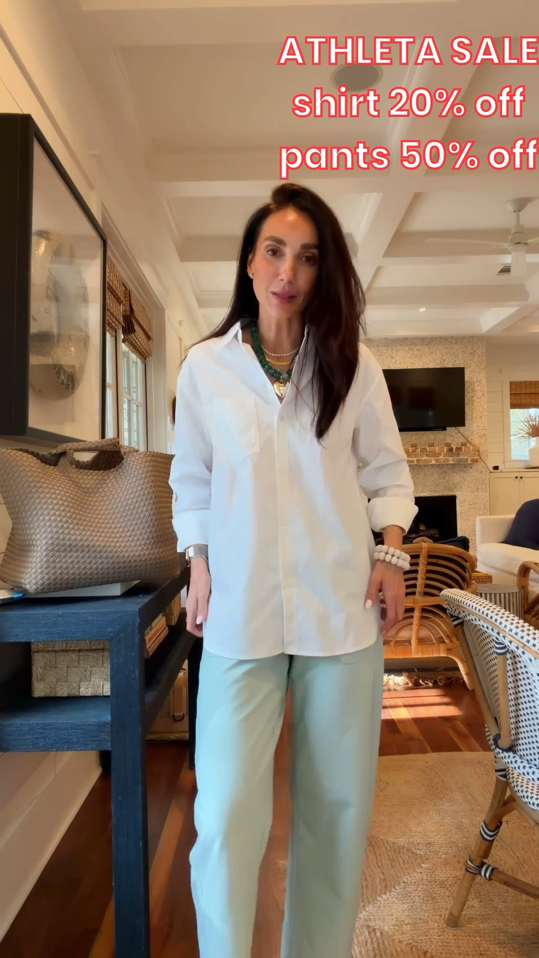 Crisp white shirt that doesn’t wrinkle - I’m in xs. ATHLETA SALE, shirt 20% off and pants 50% off.

#LTKSaleAlert #LTKTravel #LTKOver40