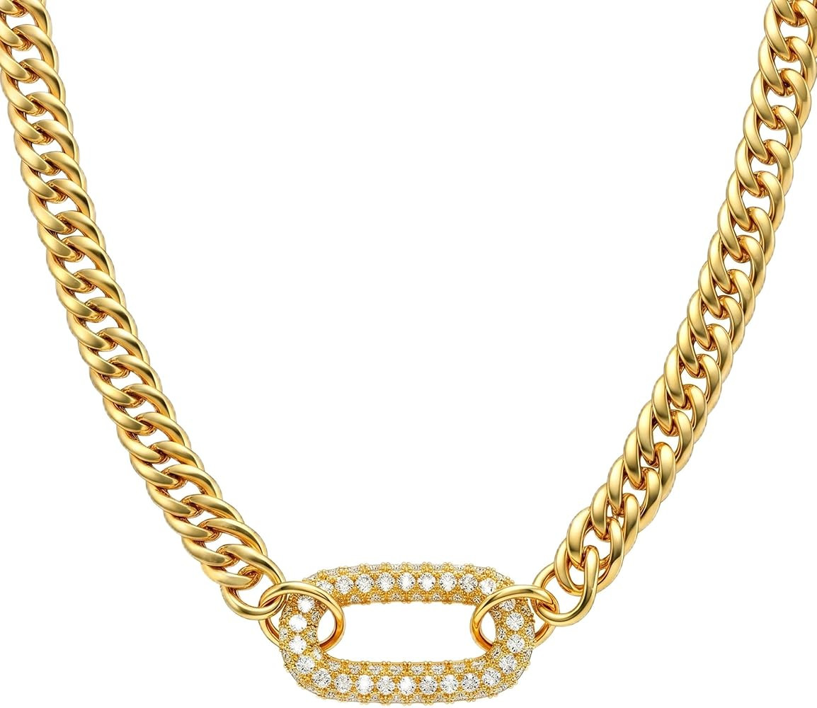 14K Gold-Plated Thick Cuban Chain Necklace for Women, Inlaid with Cubic Zirconia Oval Pendant, Hy... | Amazon (US)