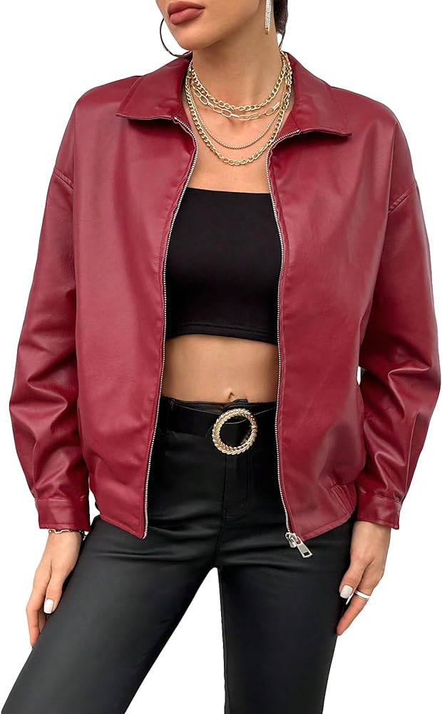 MakeMeChic Women's Faux Leather Shacket Long Sleeve Zip Up Motorcycle Jacket Biker Coat | Amazon (US)