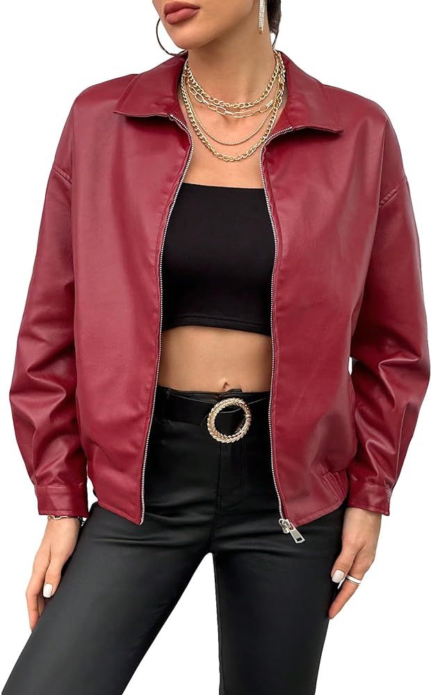 MakeMeChic Women's Faux Leather Shacket Long Sleeve Zip Up Motorcycle Jacket Biker Coat | Amazon (US)
