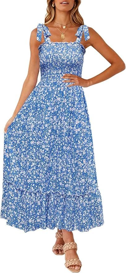 ZESICA Women's Summer Boho Spaghetti Strap Square Neck Solid Color Ruffle A Line Beach Long Maxi ... | Amazon (US)