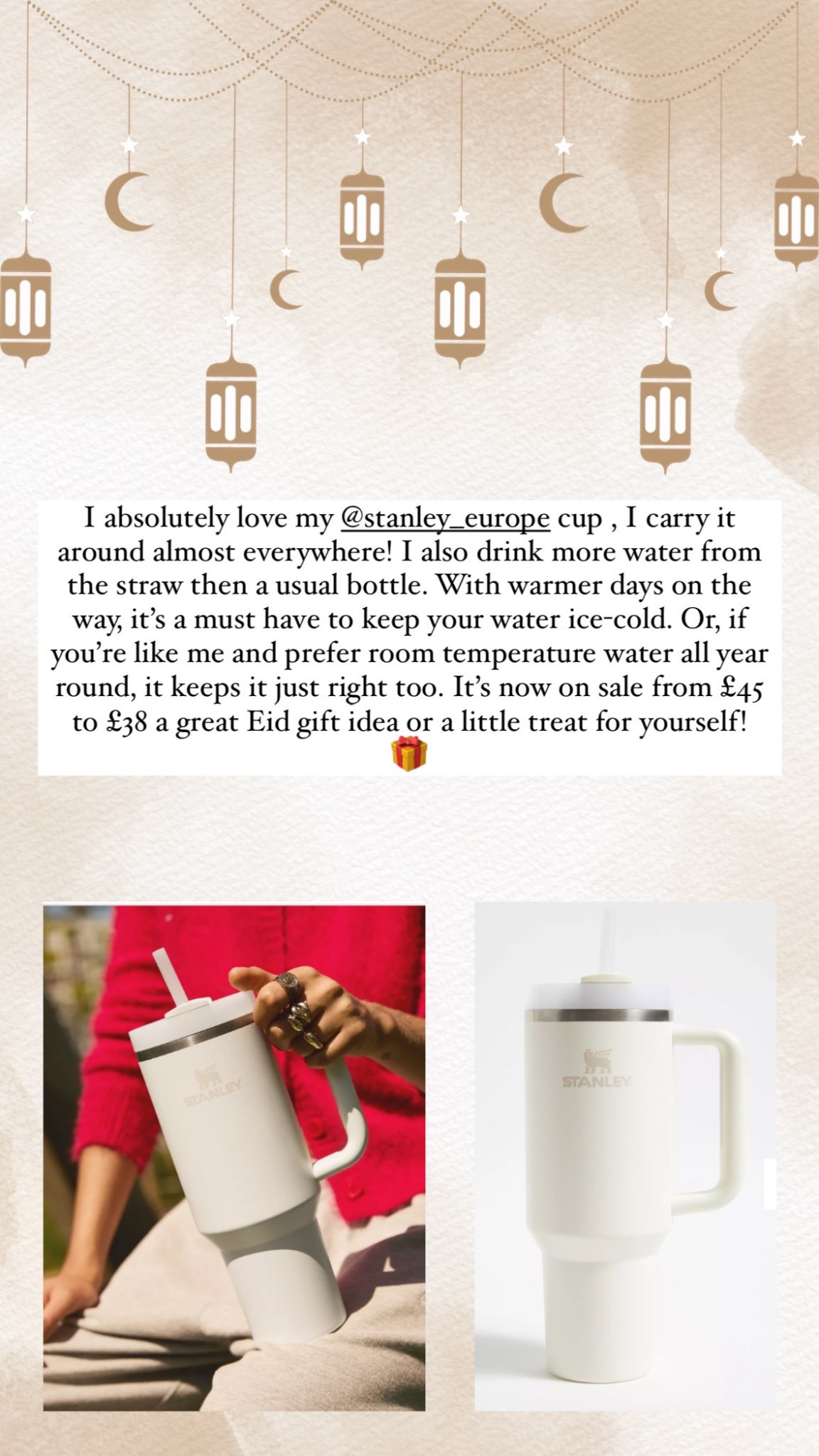 I absolutely love my Stanley cup — I carry it around almost everywhere! With warmer days on the way, it’s a must-have to keep your water ice-cold. Or, if you’re like me and prefer room temperature water all year round, it keeps it just right too. I’ve noticed I drink so much more water throughout the day with it by my side. It’s now on sale from £45 to £38 — a great Eid gift idea or a little treat for yourself! 🎁


#LTKgiftguide #LTKspring #LTKsale
