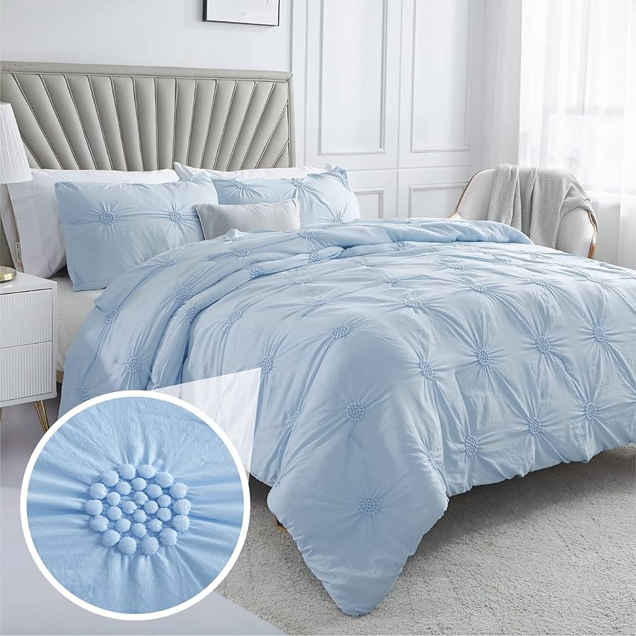 Swift Home King Baby Blue Comforter Set - Ruched 3D Floral Pintuck Bedding Set - 3 Pieces Bed Lin... | Amazon (US)
