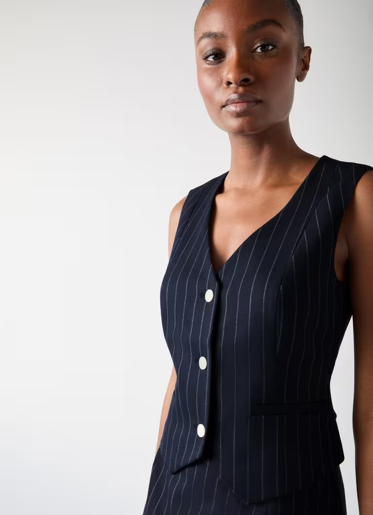 Baxtor Blue & Navy Wool Blend Pin Stripe Waistcoat | L.K. Bennett (UK)